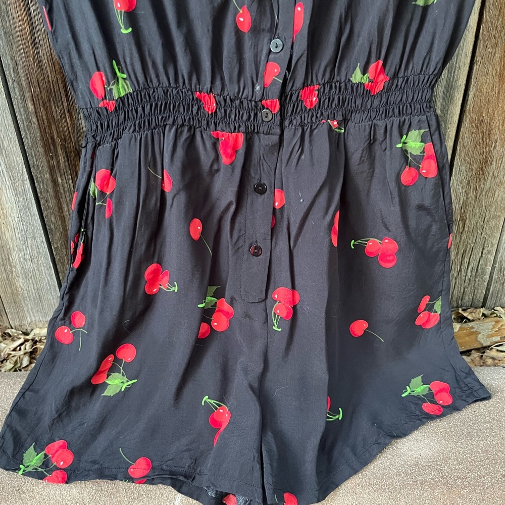 ModCloth Black Romper with Cherry Print Size Large - Picture 3 of 7